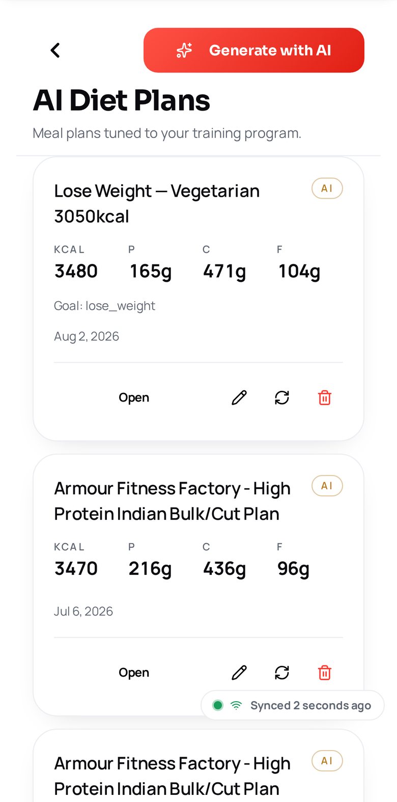 ARMOUR AI diet plan screen with calories and macro targets